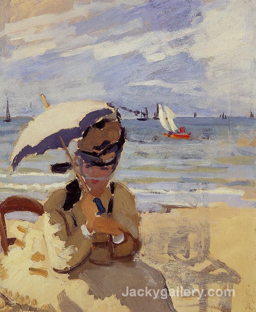 Camille Sitting on the Beach at Trouville by Claude Monet paintings reproduction